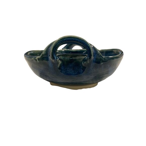 Hand Crafted Ceramic Bowl Blue Green Glaze with Handles Signed by Artist - Picture 5 of 11